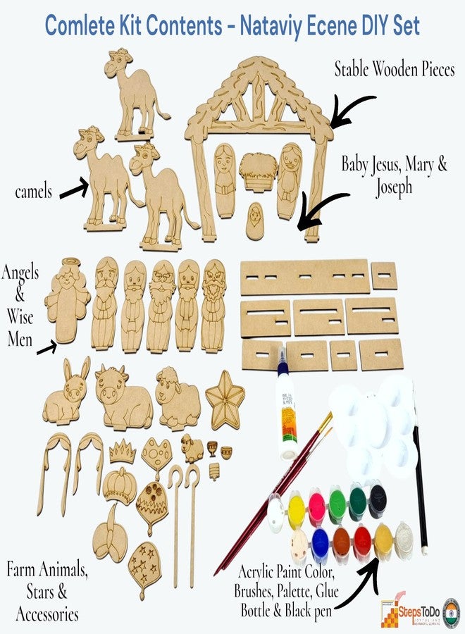 StepsToDo DIY Wooden Christmas Nativity Scene Painting Kit | 25+ Wood Cut Figures, Stable, Paints, Brushes & Glue | Kids Christmas Craft Set | DIY Crib Making Kit for Home Décor & Gifting - Image 5